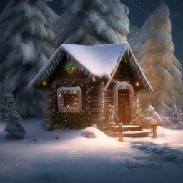 Mysterious christmas night, a small lonely hut, surreal atmosphere, cosmic backdrop, celestial ambience, soft lighting, very chilly appearance of the surroundings, unreal engine 5 volumetric lighting, intricate details, realistic style, 8k resolution