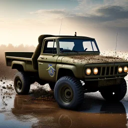 hyperrealistic shot, muddy military pickup truck, heavy guns mounted on back, monotone color palette, sharp focus, puddle reflection, tire water splash, refraction, mist on the horizon, shadowcast, god rays, detailed and intricate, cinematic composition, micro, tilt shift photography