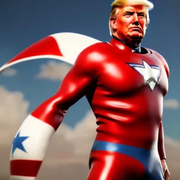 Realistic image of Donald trump super hero, retro style, watchmen style, red white blue colors, white stars, suspenders, latex material, 80s, vibrant color, highly detailed, sky background, concept art, unreal engine 5, god rays, ray tracing, RTX, lumen lighting, ultra detail, volumetric lighting, 3d, finely drawn, high definition, high resolution.