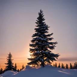 A fir tree top, snowy, sunset