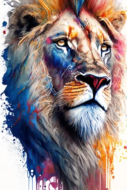 "lion", clean design, art station, splash of colorful paint, contour, ((solid white background)), gazing into camera, hyperdetailed intricately detailed, unreal engine, fantastical, intricate detail, splash screen, complementary colors, fantasy concept art, 8k resolution, DeviantArt masterpiece, watercolor, paint dripping