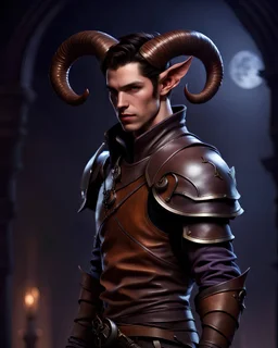 tiefling male, purle light skin, dark hair side parted, 18 year old, side view while looking at viewer, wearing detailed slick brown leather armor, slim figure, tail, symetrical goat horn at the head, realism, night background