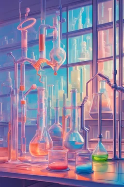 Glass chemical tools in imaginative shapes, and chemical glass is poured onto another glass, and in the background is a modern chemical laboratory, and neon lines come out of the wall, and there are pictures of chemists