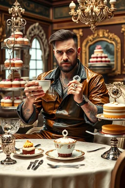 "prompt": "An exaggerated, hyper-stylized scene of a rugged auto mechanic at a luxurious high tea. He wears a glossy, oil-smeared jumpsuit tailored like high fashion, sleeves rolled to show tattoos and grease-stained hands adorned with flashy rings. He sits at an ornate Victorian tea table overflowing with towering tiers of cakes, pastries, and shining silverware. The mechanic holds a tiny porcelain teacup with exaggerated grace, pinky raised high, while a heavy wrench dangles casually from hi
