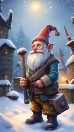 postcard portrait of bard gnome with old boots, sledge hammer and chissel in the snow garden holding a tower fortification, magazine cover illustration with oil paint and spray paint, signed, bokeh like, down-light, unreal engine, prize winning