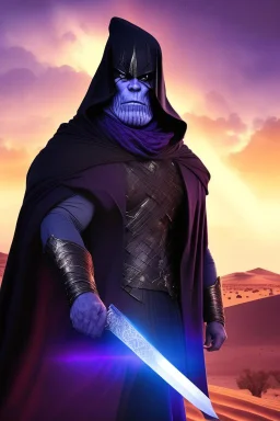 Thanos is the god of power and evil The commander wears a black cloak and a long coat with long combat boots and a long spear with a hat under his cloak with blue flame eyes, a sword like a spear The sun in the palm of a brave man in the middle of the desert