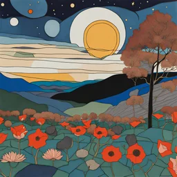 Colourful, peaceful, Egon Schiele, Max Ernst, night sky, rocks, trees, flowers, one-line drawing, sharp focus, 8k, deep 3d field, intricate, ornate