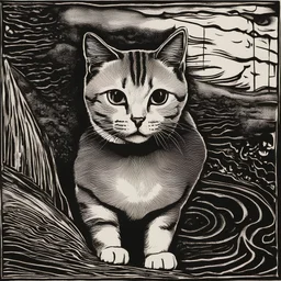 cat with few details, xylography, woodcut, black and white, few details, running, photocopy style, without background