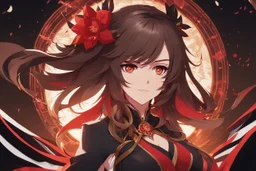 woman with long brown hair and red eyes from Genshin Impact, intricate background, intricate face, pyro archon, anime style, dynamic composition