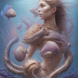 sango fantasy, fantasy magic, intricate, sharp focus, illustration, highly detailed, digital painting, concept art, matte, artgerm and paul lewin and kehinde wiley, masterpiece sexy lips Asain lady body mermaid lionfish head turquoise space lady beach sea under water mermaid seaweed