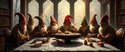 Dynasty family by table, in winter glow, master oil painting by Rembrandt, arts magica spy gnomes soap opera poster, huge multi level archive, library, woodland creatures, motion blur, background mist, light beam from windows Let the magic flow Oh winter glow Don't let it go [Bridge] Stars above like tiny fires Hearts alight with quiet desires