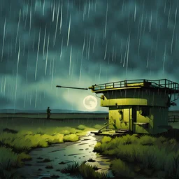 machine gun turret, outside, rain, moonlight