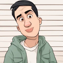 a caricature portrait of a young western man standing in front of a white wall. He is wearing a white sweatshirt. black hair. short buzz cut hair style. light skin. dark eye pupils. small eyes. black thick eyebrow. big round face shape. a bit small goatee. big nose. thick mouth. pixar style. 3D. 4k. portrait. highly detailed. sharp focus. high resolution. full color. cinema lighting