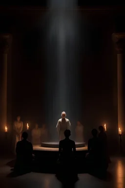 Imagine a digital artwork that captures the essence of Bill Viola's profound exploration of perception and time, infused with the lyrical, evocative quality of Maurice Ravel's music, and accented with the dramatic use of chiaroscuro typical of Rembrandt's paintings. The scene is set in a dimly lit, intimate space reminiscent of a 17th-century studio, evoking Rembrandt's atmosphere. At the center, a figure sits in deep contemplation, illuminated by a soft, focused light that creates a stark contr