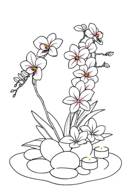 outline art for visually rich appealing tall ikebana heart orchids plumeria spa rounded stones around candles, coloring page for kids, white background, fit to page, only use outline, clean line art, no shadows, clear and well outlined