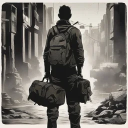 man with duffle bag, comic book, icon, silhouette, black, post -apocalyspe