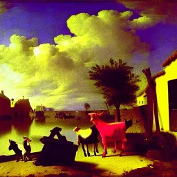 Neon colors with goats in the sky by Vermeer