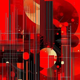 🏁 schematic of warming trends, Braille language textures, abstract geometric art, straight lines and precise angles, by Arthur Secunda and Jeremy Mann and Squeak Carnwath and Wassily Kandinsky, mind-bending illustration; sci-fi poster art, asymmetric, 2D, red hues, warm colors, dark background