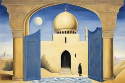 an open gothic_arab gate in a blue-tiled wall with a view of an old city by artist "Rene Magritte",by artist "Leonora Carrington"