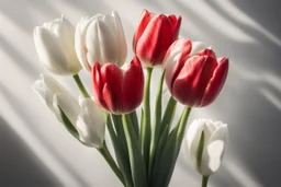 photorealistic 3 red tulips above and 2 white tulips down in a bouquet, soft lighting, sharp focus, rough edges in sunshine