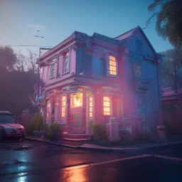 Candy house, unreal 5, octane render, cinema4d, redshift render, hyper realistic, cenematic, vibrancy, synthwave, retouch, centered, dynamic lighting, dramatic lighting, 4k, highly detailed, attractive beautiful, realistic, epic composition, holographic,