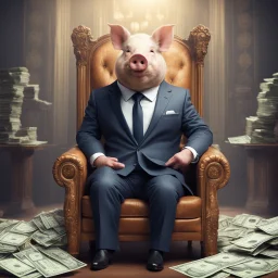 rich pig in suit on a throne making stacks of money by making a deal with a buisnessman