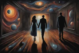 surreal nightmare style, a dancing couple glides across the floor, their shadows melding together as they move in perfect synchronization in galaxy between the planets. The lights flicker, casting strange shadows on the walls. The atmosphere is dark and foreboding, painted with deep, ominous colors that seem to drain all light, dark smoke, a storm rages adding to the eerie ambience as the couple continues to dance, crepy stunning, masterpiece, cinematic