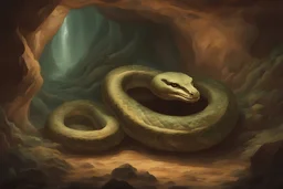 Cobra gigante mitológica em uma caverna, serpente mitológica