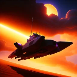 volumetric desert environment, Ralph McQuarrie style painting of an armored hovercraft with cannon, floating in the air, highly detailed, minutiae, clouds, storm, renderman, duststorm at sunrise