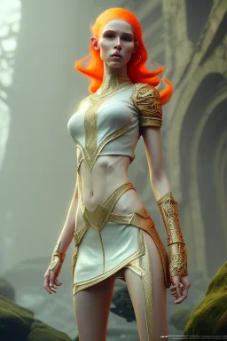 painting of a tall elven young woman with short light orange hair and freckles on the cheak bones and tall body of a topmodel light clothes, full shot, ultra realistic, concept art, intricate details, eerie, highly detailed, photorealistic, octane render, 8 k, unreal engine. art by artgerm and greg rutkowski and charlie bowater and magali villeneuve and alphonse mucha