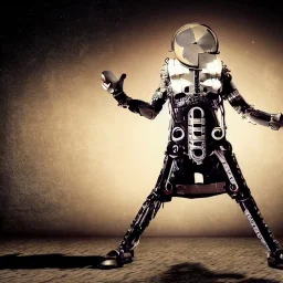 cyborg one man band, full moon background center large, steampunk style, horizontal image, 3d, hd