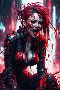 beautiful cyberpunk girl, face distorted with pain, screaming, tears streaming from eyes, siting pose, fullbody, splashes blood, behind guts rising from the ground, intricate, darkred tones,