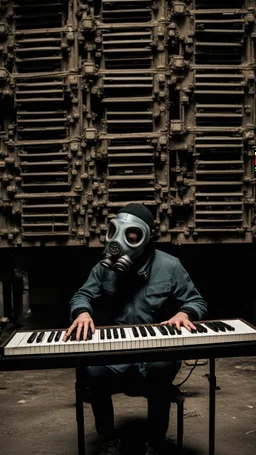 a person with a gas mask in an abandoned big massive factory, playing with a modular synth piano