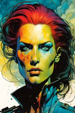 create an imaginative amorphous female extraterrestrial cybernetic pirate with finely detailed facial features, military cut hair, witnessing the destruction of Earth , in the comic book art style of Bill Sienkiewicz, Mike Mignola, and Jean Giraud Moebius, finely textured, drawn, colored, and inked