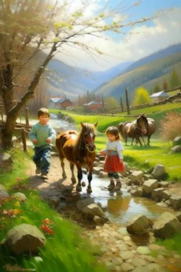 Spring in skåbu, sun, portrait of cute children walking in mountains by stream, horse, broken old tractor, prize winning oil painting