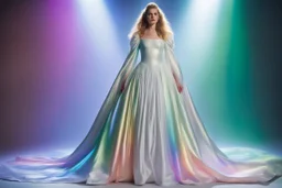 Она была белой, блестящей, и свет отражался на ткани, придавая ей волшебные, почти голографические цвета радуги, очень тонко. У него были большие рукава и много ткани, он выглядел так, как будто пришел из сна. Оно выглядело похоже на платье Сары из «Лабиринта» или платье Авроры в клипе на песню «Temporary High»