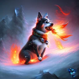 romantic fantasy spray painting, william Turner,snow boarding mut dog, big jump fire explosion