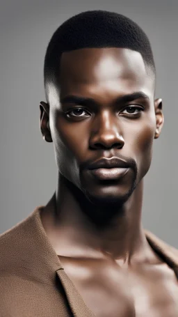 portrait of a extremely handsome dark skinned african american male model with strong jawline, and high cheekbones and hunter eyes and short hair