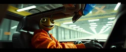car driving happy insect man in the style of Escher and Giger and Fallout 4, pinhole cam, airbrush 3d rendering, on tv screen:A five-second cinematic single take in a clean industrial presentation hall.