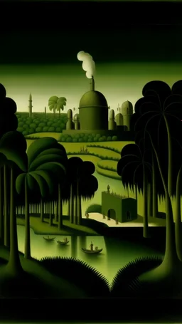 An olive green toxic nuclear plant painted by Henri Rousseau