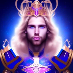 smiling beautiful long hair blond man face with small cristal diadem on the forehead , cosmic armor and cosmic purple and blue sky behind