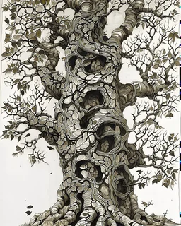 Abstract primitive tree composed of organic bark and leaf textures, fragmented into interlocking sections of varying magnification (macro veins, branch close-ups, distant silhouettes), all fused with no boundaries; rough charcoal, angular limbs and leaves, each section using distinct hatching densities and mark systems, high-contrast black on white, naive cubist/raw sketch style, continuous bleeding collage, square frame, edge-to-edge. Colored in rich but soft earth tones with the blacks preser