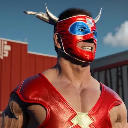 realistic image of joe biden as a mexican wrestling fighter posing, Mexican eyes wrestling mask, red and blue breeches, retro style, 80s, vibrant color, highly detailed, sky background, concept art, unreal engine 5, god rays, ray tracing, RTX, lumen lighting, ultra detail, volumetric lighting, 3d, finely drawn, high definition, high resolution.