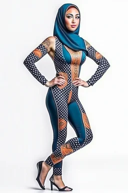 full body portrait of a fit princess with extremely muscular body in hijab and expensive designer swimsuit