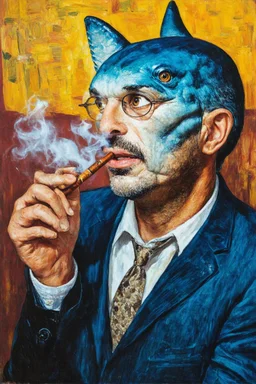 man with catfish shark head smoking a cigarrette in the style of klimt