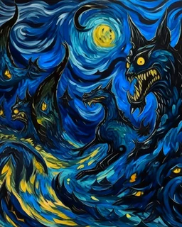 A dark blue demonic realm with jagged shapes painted by Vincent van Gogh