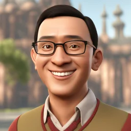 a portrait of smiling a man. netherlands-indonesia blood. round 40years old. carricature. dark black hair. short hair. light brown skin. dark brown eye pupils. wearing small rectangle, thin frame glasses. square face shape. formal dress. pixar style. 3D. 4k. portrait. highly detailed. sharp focus. high resolution. full color. cinema lighting