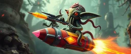 hairy macho gremlin octopus lizard aliens living in a hi tech marvellous hot dog art graphics and gems on rocket with a mounted sling shot mega harpoon, heading for venus , background motion blur and smoke swirls, and cheeky slug through giant ancient forest