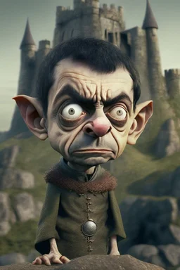 mr bean as goblin kid is stone castle, 4 k, trending art, depth of field