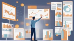 The image represents the success and prosperity of businesses and investments in 2024. It features a confident businessman standing with paper charts and a large screen displaying financial data and profitable projects. The image reflects a promising future vision for business and investment in the coming year, where successful projects can achieve significant financial success.